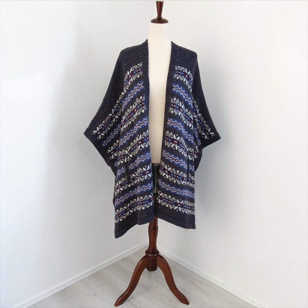 Lands End Long Cardigan Fair Isle Sweater One Size Navy Blue Open Front Longline